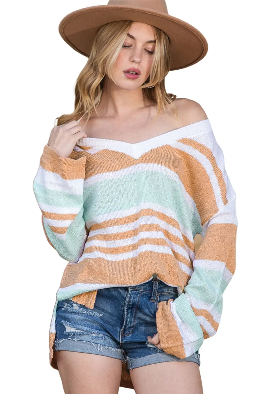 Multicolor Colorblock Stripe V Neck Split Sweater - ThingsWeUseAndLove 