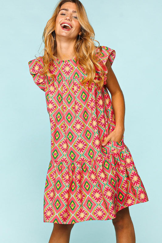 Haptics Full Size Ruffled Printed Dress with Side Pockets - ThingsWeUseAndLove Coral-3XL