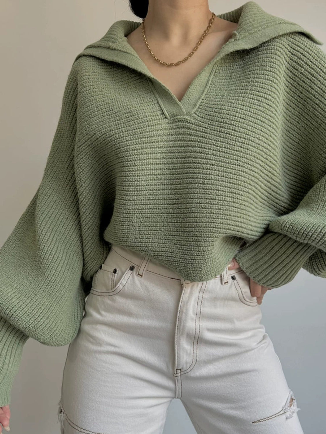 Johnny Collar Long Sleeve Sweater - ThingsWeUseAndLove 