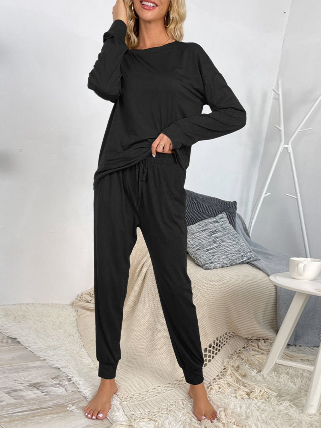 Zya Round Neck Top and Drawstring Pants Lounge Set - ThingsWeUseAndLove Black-XL