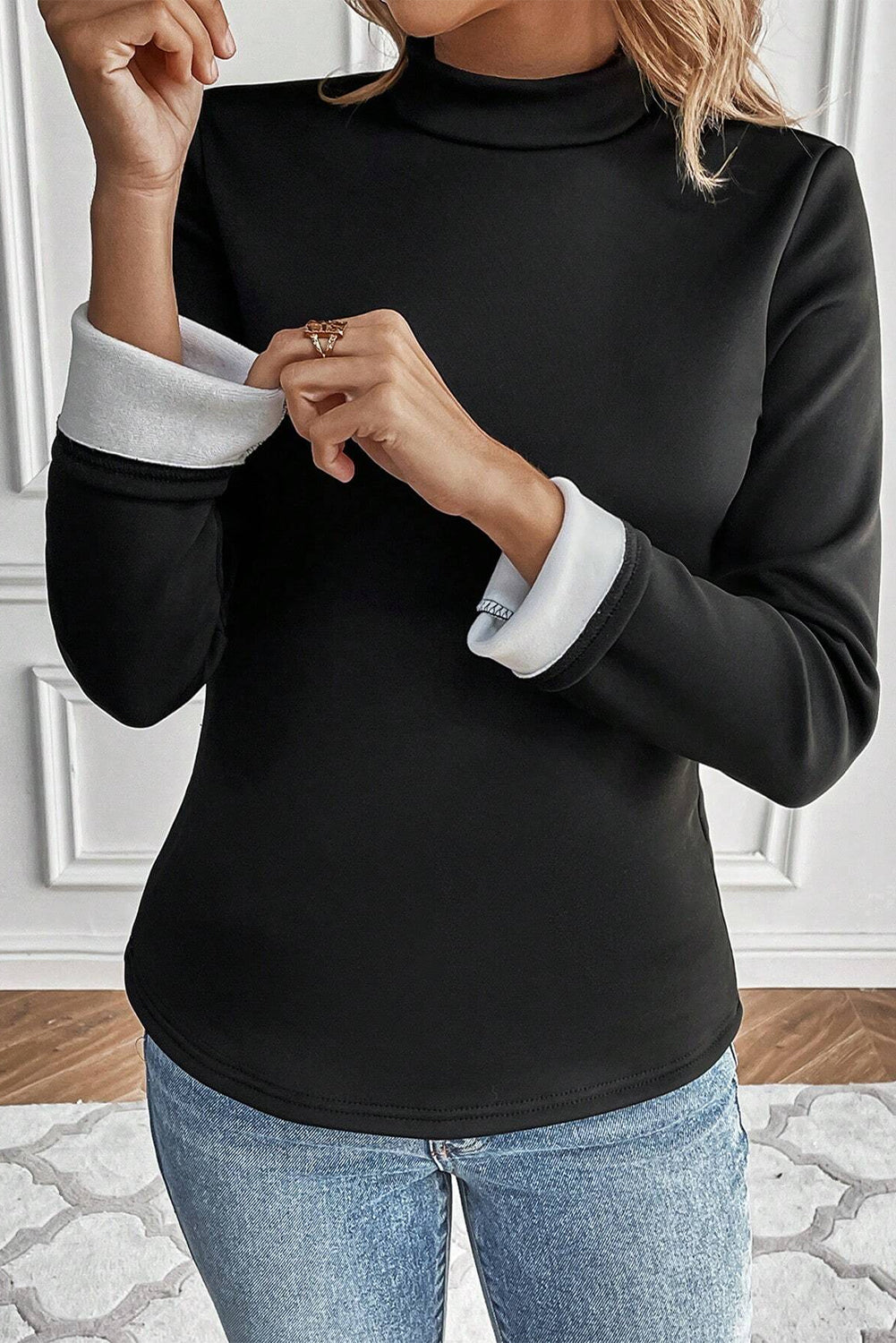 Black Mock Neck Thermal Lined Long Sleeve Top - ThingsWeUseAndLove 