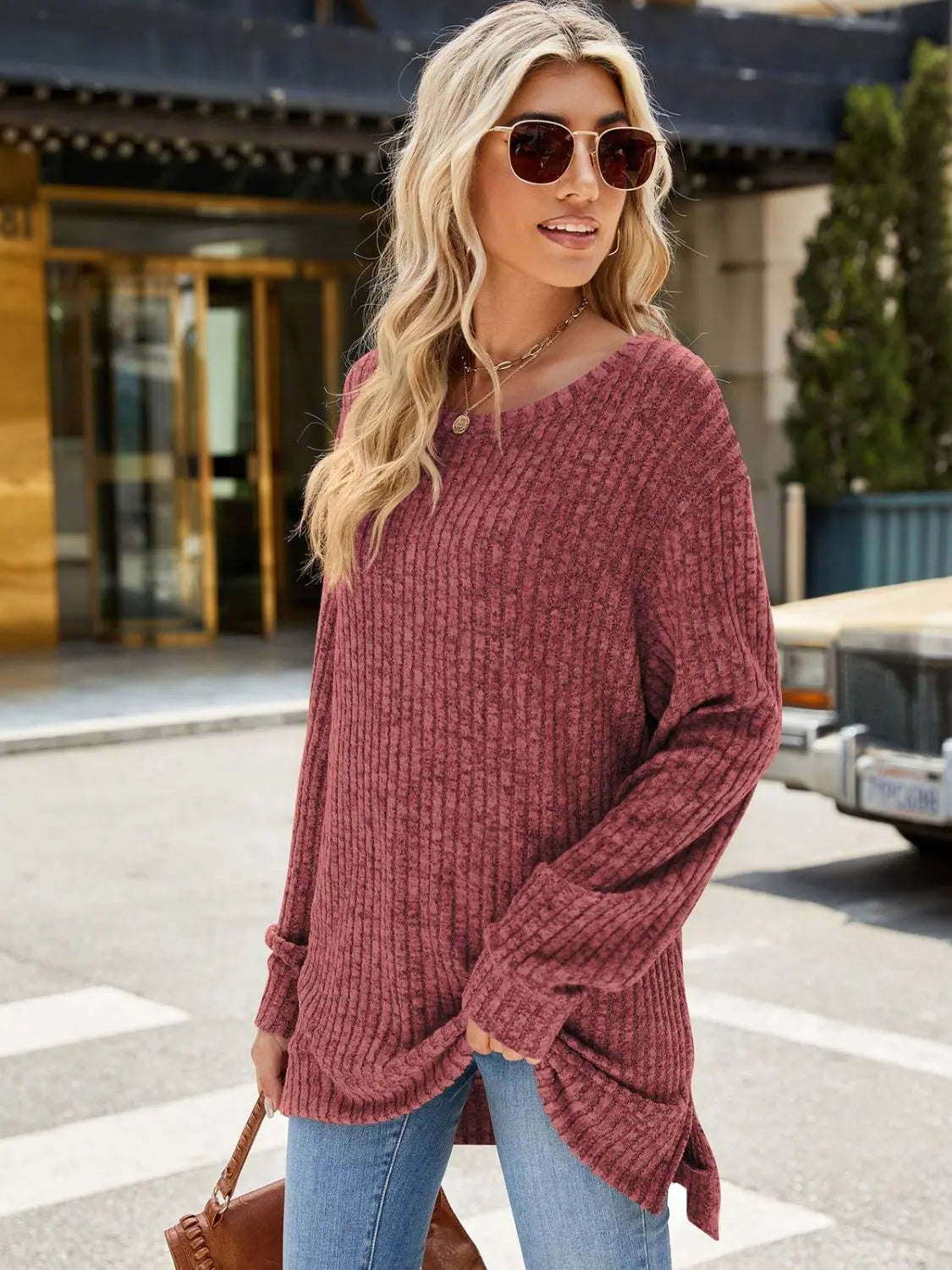 Round Neck Long Sleeve Sweater - ThingsWeUseAndLove 