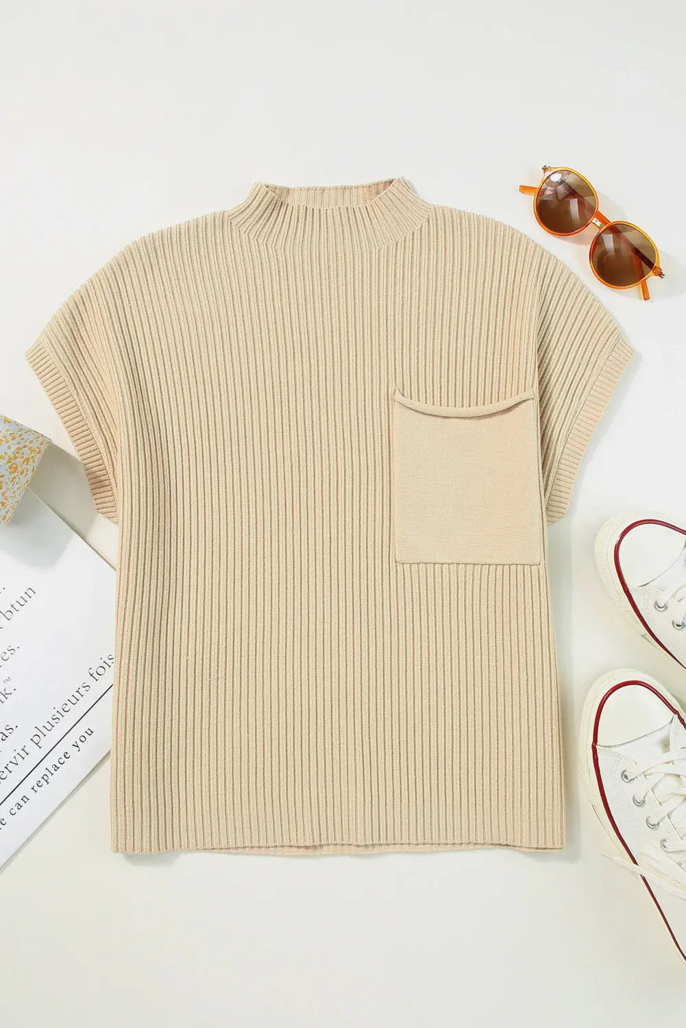 Gold Flame Patch Pocket Ribbed Knit Short Sleeve Sweater - ThingsWeUseAndLove 