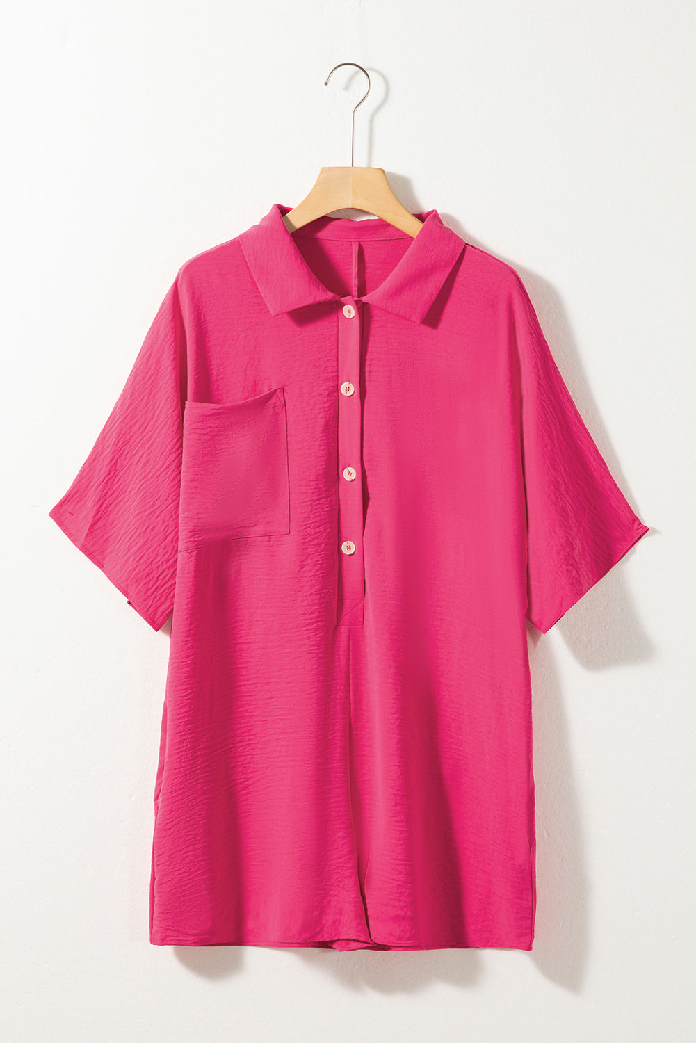 Bright Pink Plain Half Button Collared Pocket Loose Romper - ThingsWeUseAndLove 