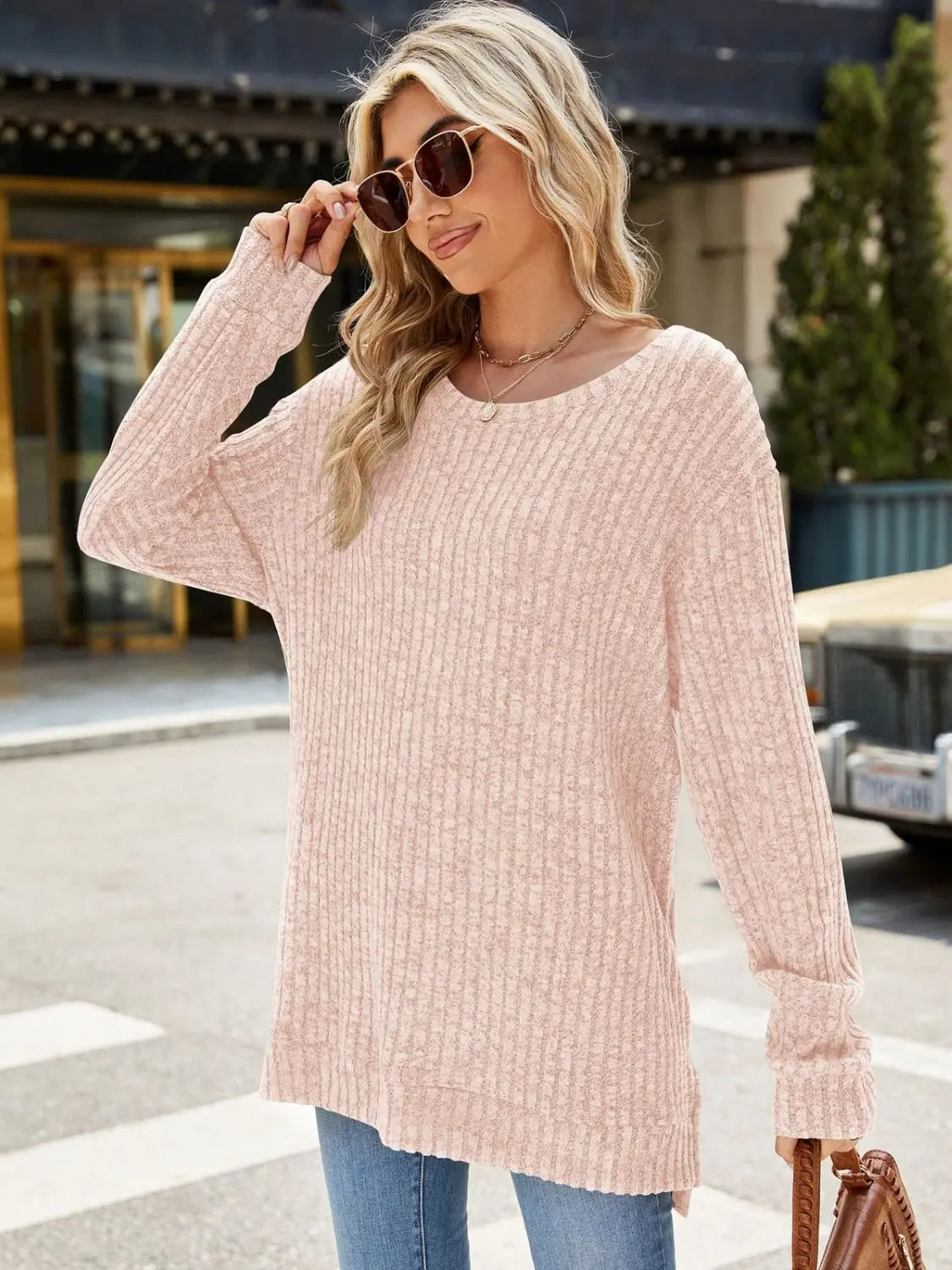 Round Neck Long Sleeve Sweater - ThingsWeUseAndLove Pale-Blush-2XL