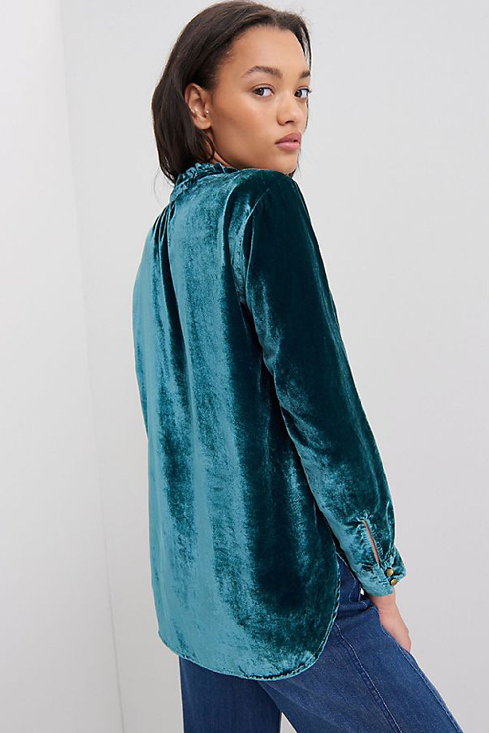 Frilled Neck Buttoned Front Velvet Top - ThingsWeUseAndLove 