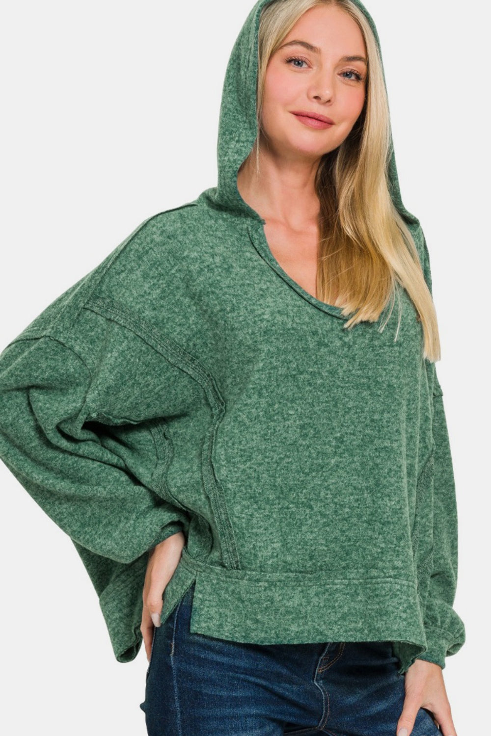 Brushed Hacci Exposed Seam Hoodie - ThingsWeUseAndLove DK-Green-L-XL