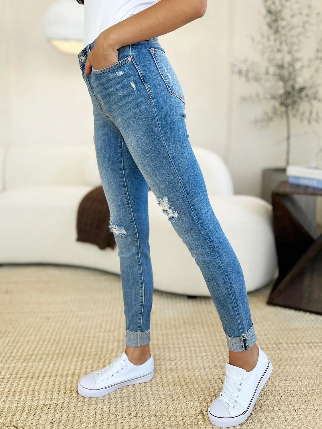 Aldith Judy Blue Size Inclusive Mid Rise Destroy & Cuff Skinny Jeans - ThingsWeUseAndLove 