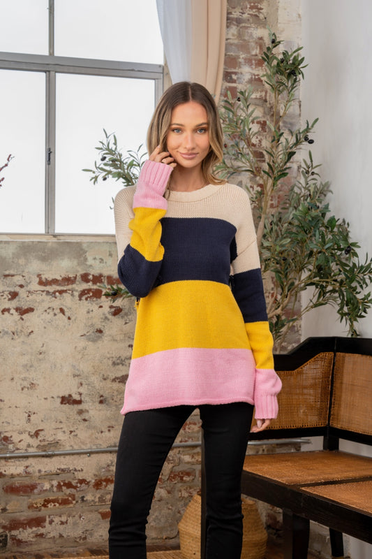 Color Block Exposed Seam Navy/Blush Sweater - ThingsWeUseAndLove Navy-Blush-3XL