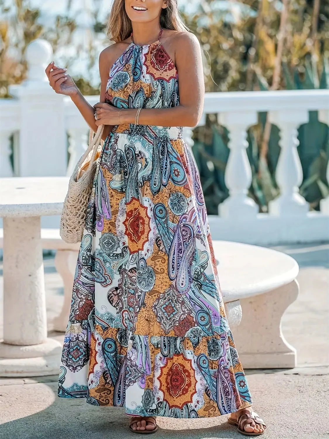 Halter Neck Printed Maxi Dress - ThingsWeUseAndLove 