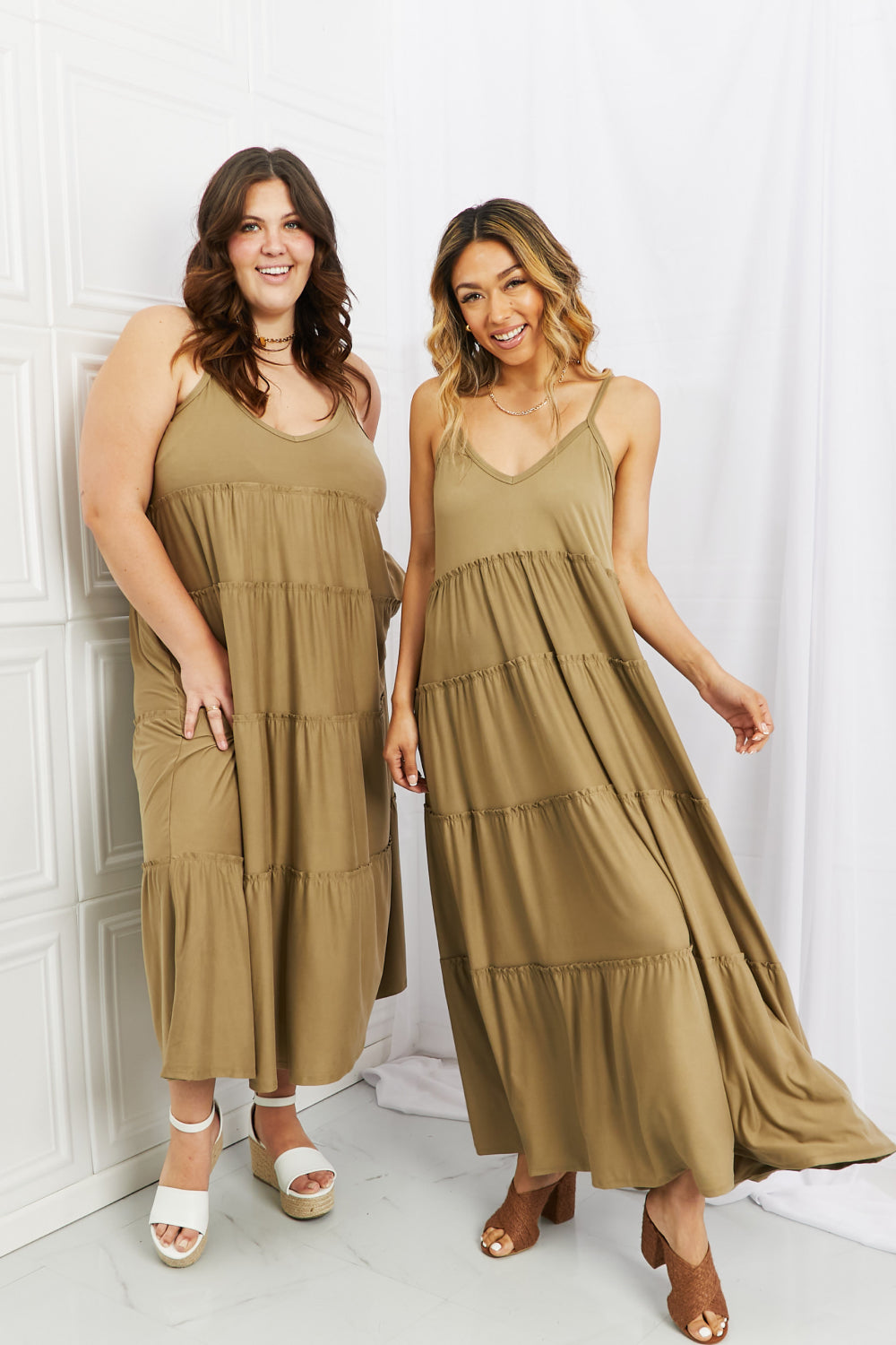 Spaghetti Strap Tiered Dress with Pockets in Khaki - ThingsWeUseAndLove 