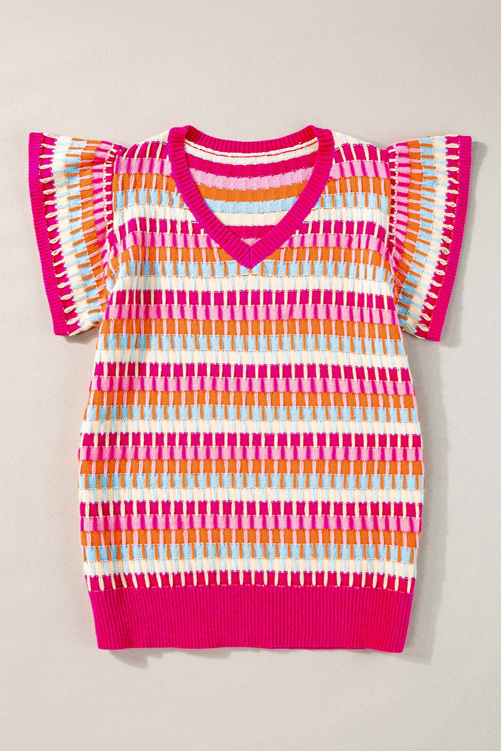 Color Pop V-Neck Cap Sleeve Knit Top - ThingsWeUseAndLove Hot-Pink-XL