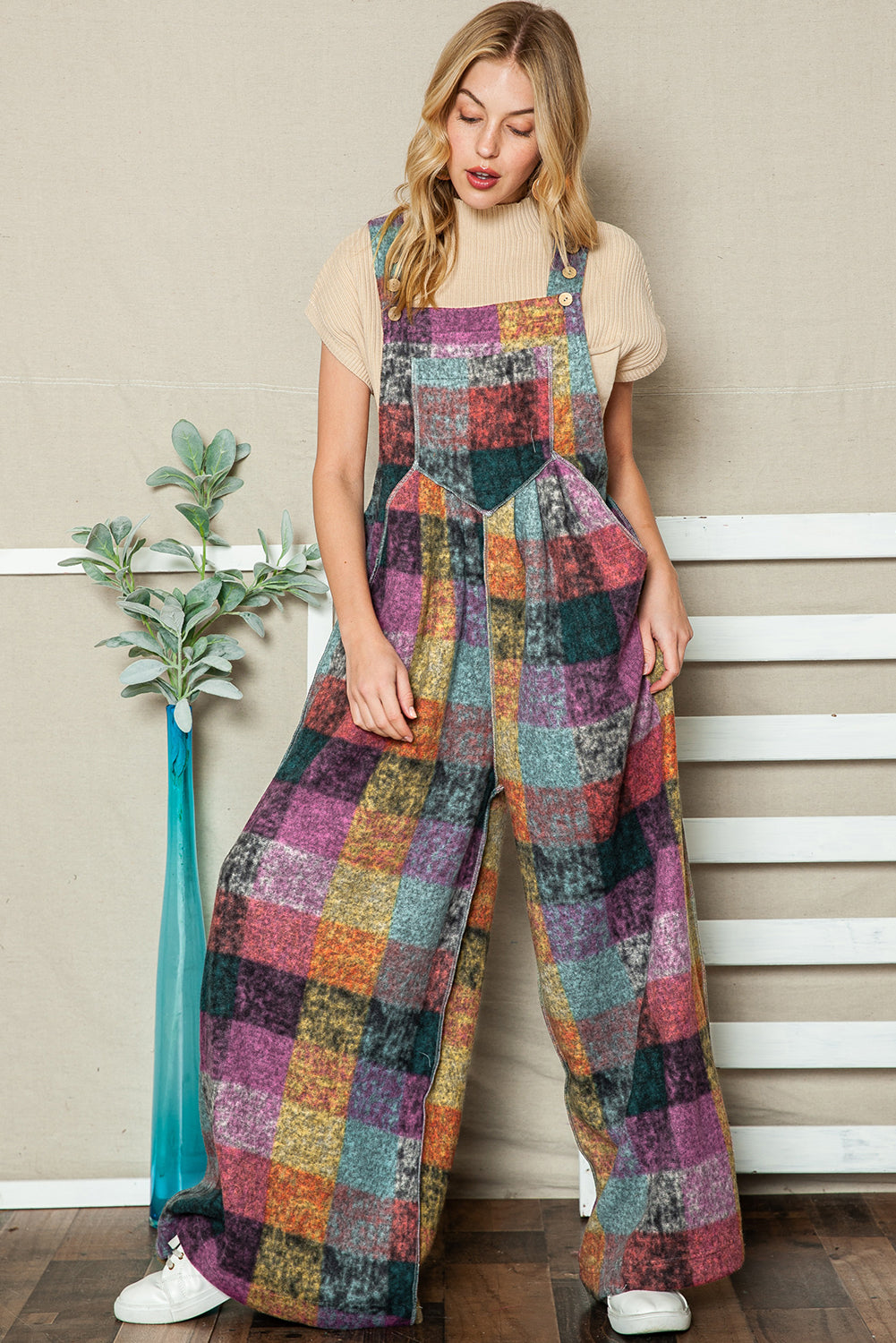 Multicolor Brushed Checked Pockets Pleated Wide Leg Overall - ThingsWeUseAndLove 