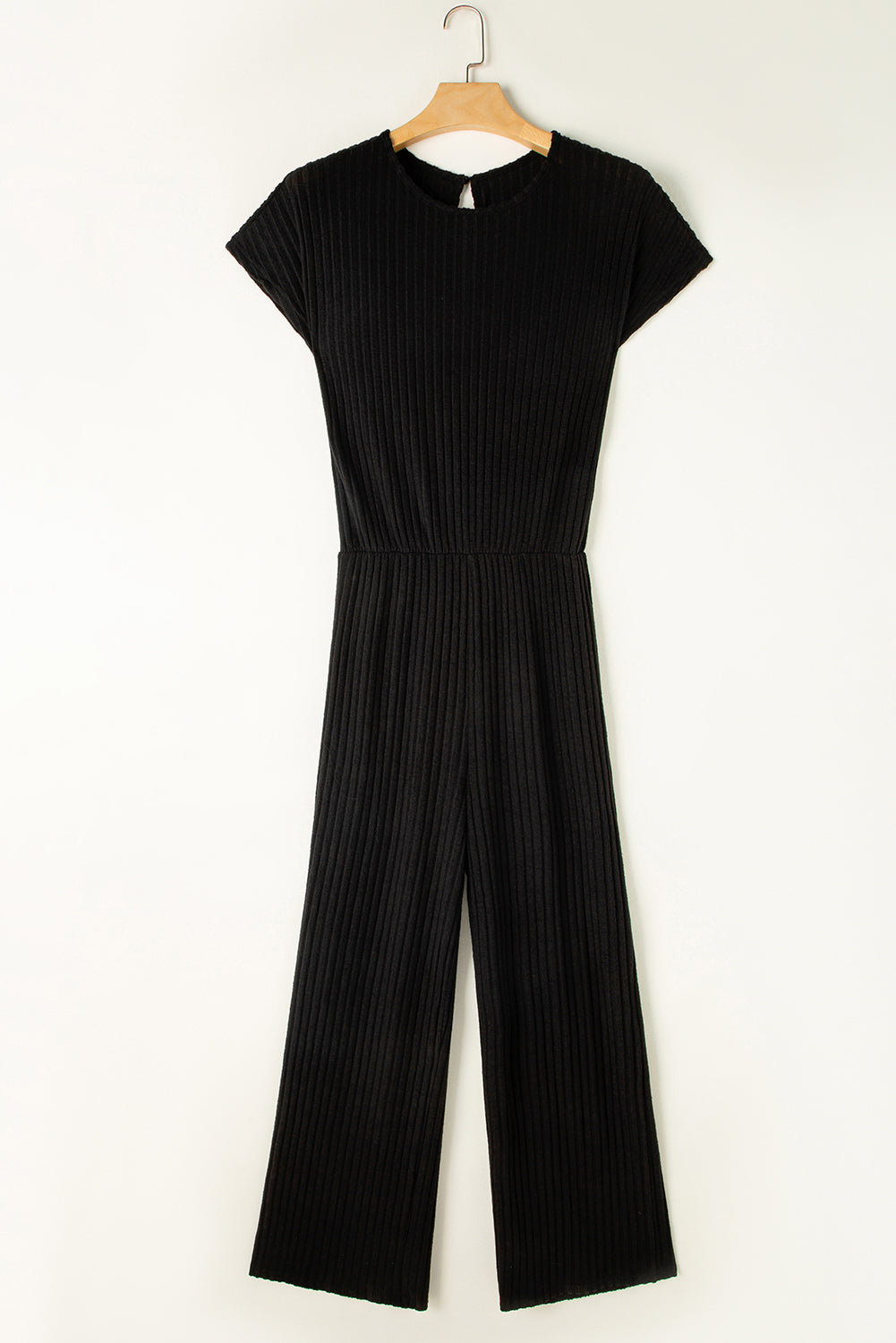 Black Solid Color Ribbed Short Sleeve Wide Leg Jumpsuit - ThingsWeUseAndLove 