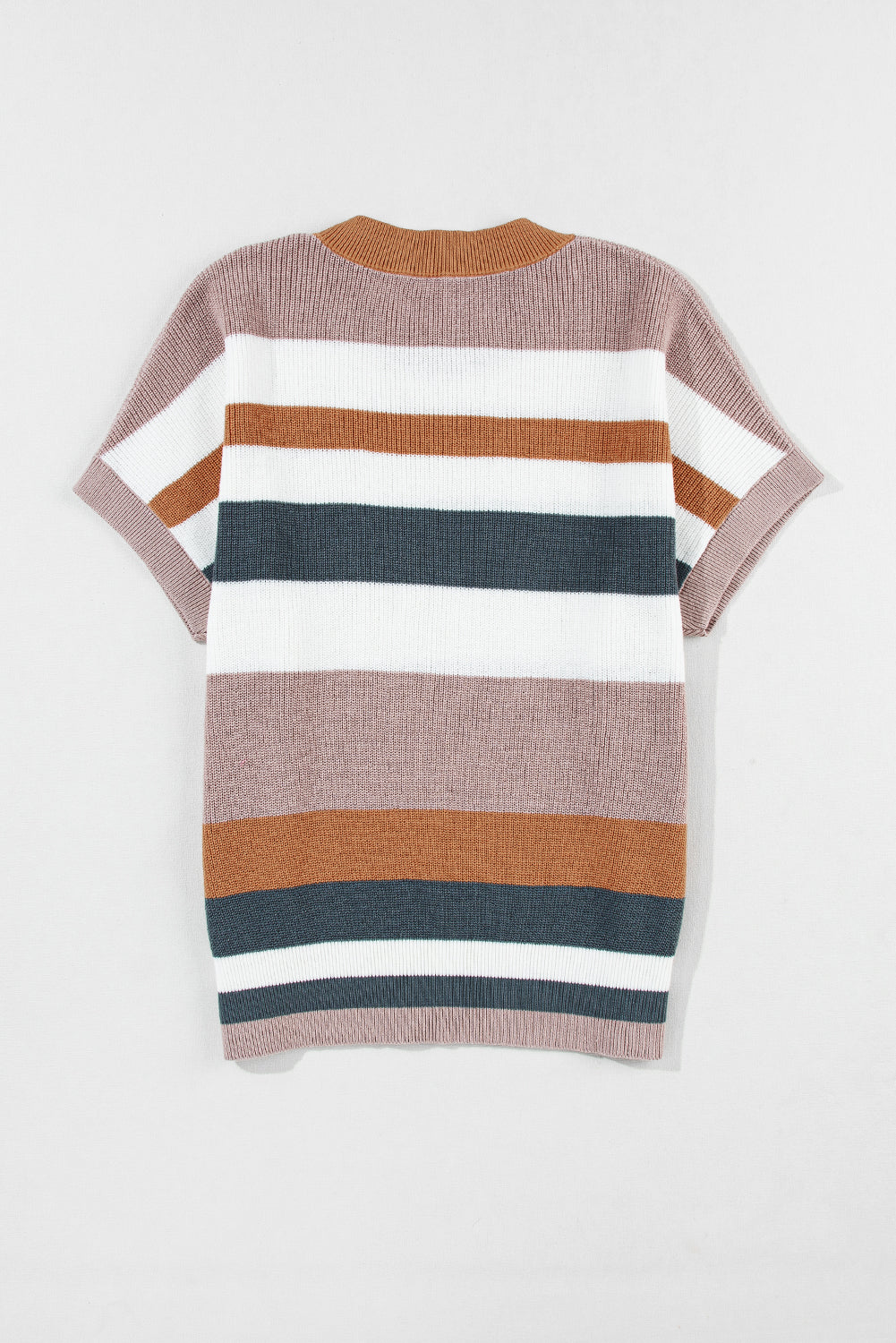 Camel Striped Colorblock Knit Short Sleeve T-shirt - ThingsWeUseAndLove 