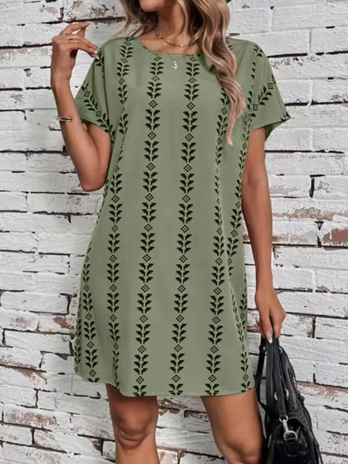 Avery Printed Round Neck Short Sleeve Dress - ThingsWeUseAndLove Moss-2XL