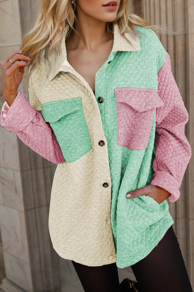 Tanner Color Block Button Up Long Sleeve Shacket - ThingsWeUseAndLove Light-Green-XL