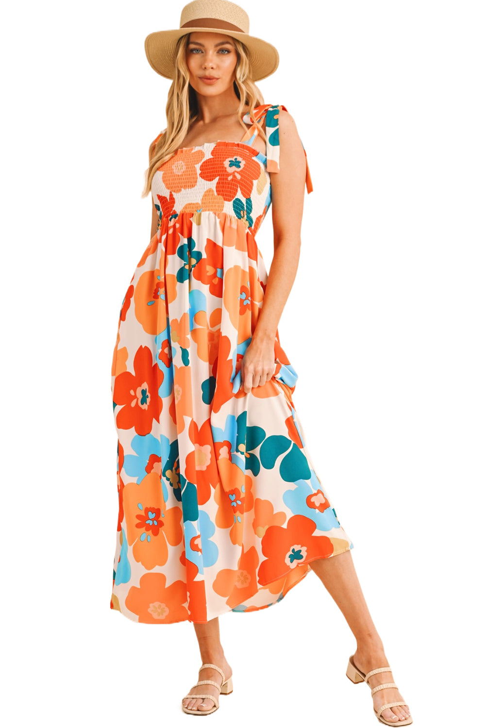 Orange 60s Floral Printed Shoulder Tie Smocked Maxi Dress - ThingsWeUseAndLove 