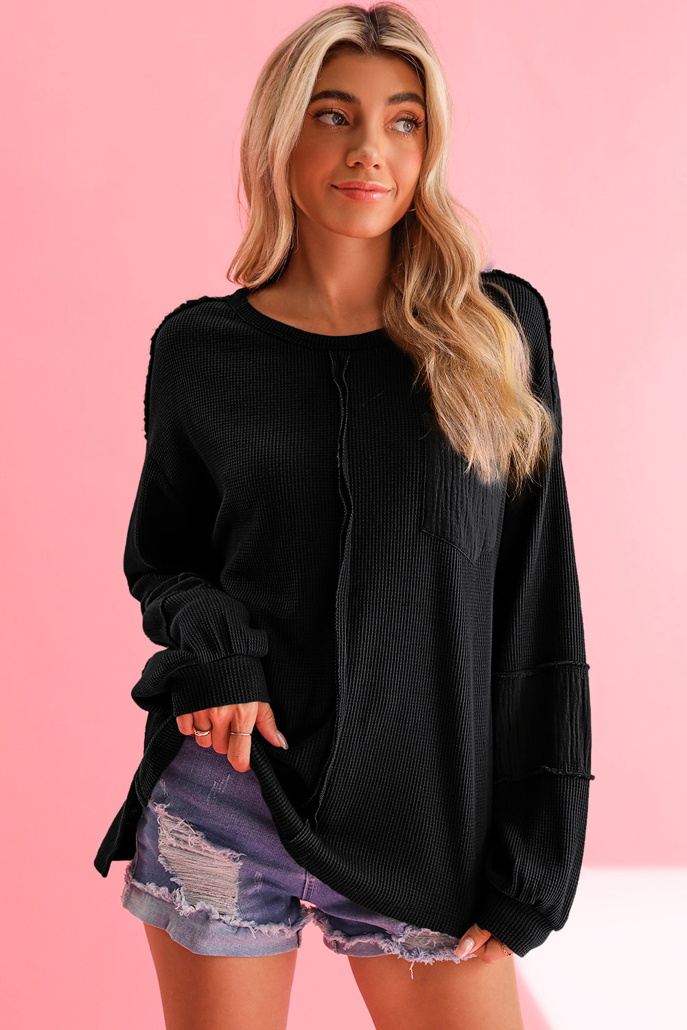 Crinkle Patchwork Long Sleeve Top - ThingsWeUseAndLove 