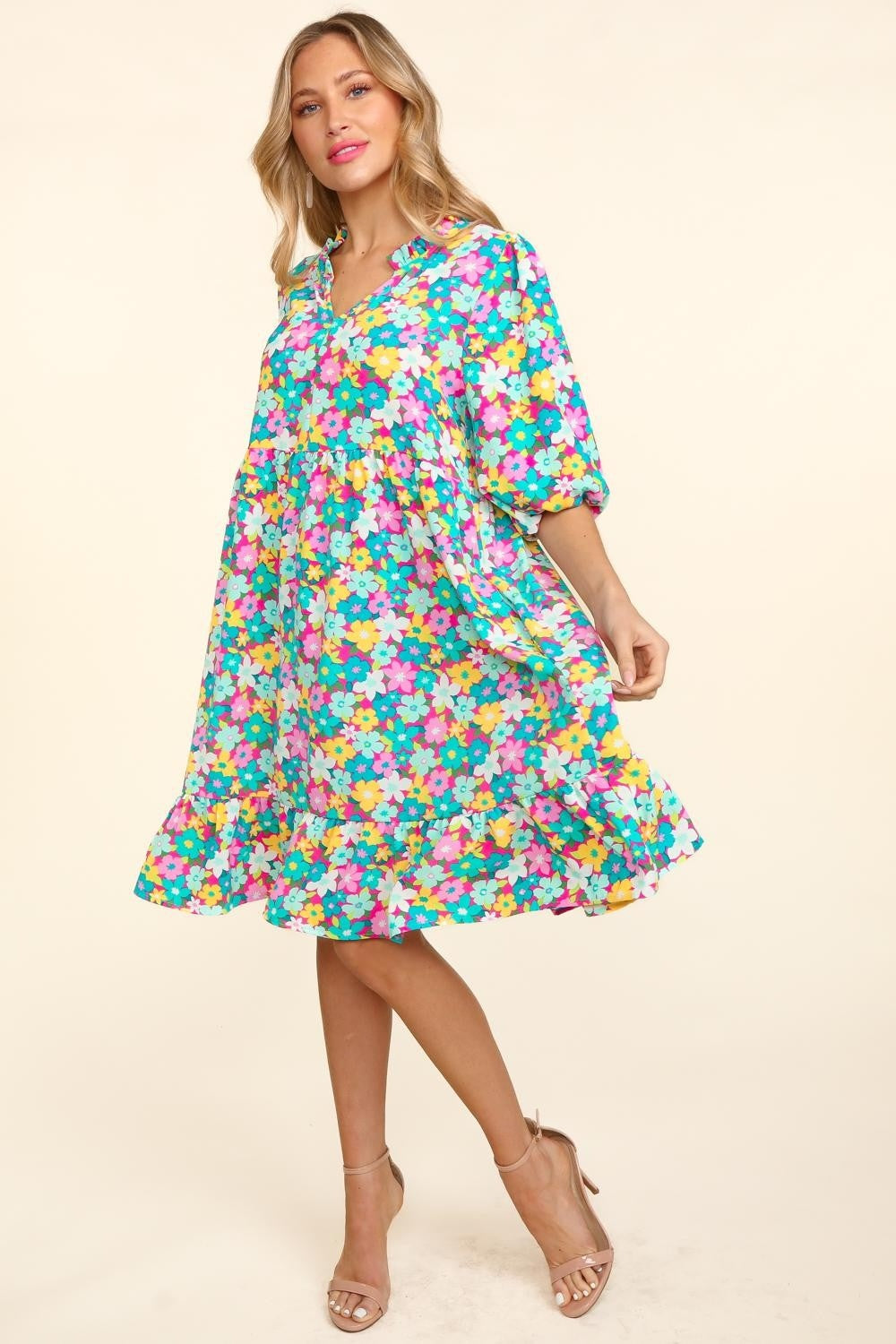 Haptics Bubble Sleeve Floral Ruffled Dress - ThingsWeUseAndLove 