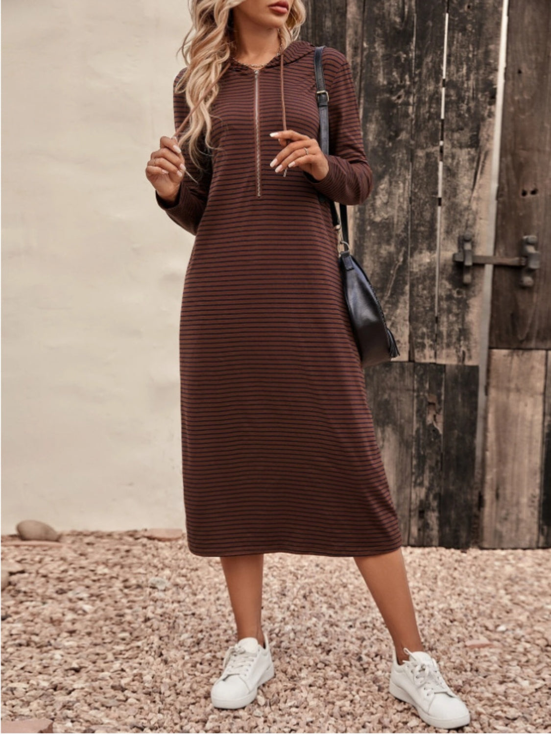 Striped Zip Front Hooded Dress - ThingsWeUseAndLove 