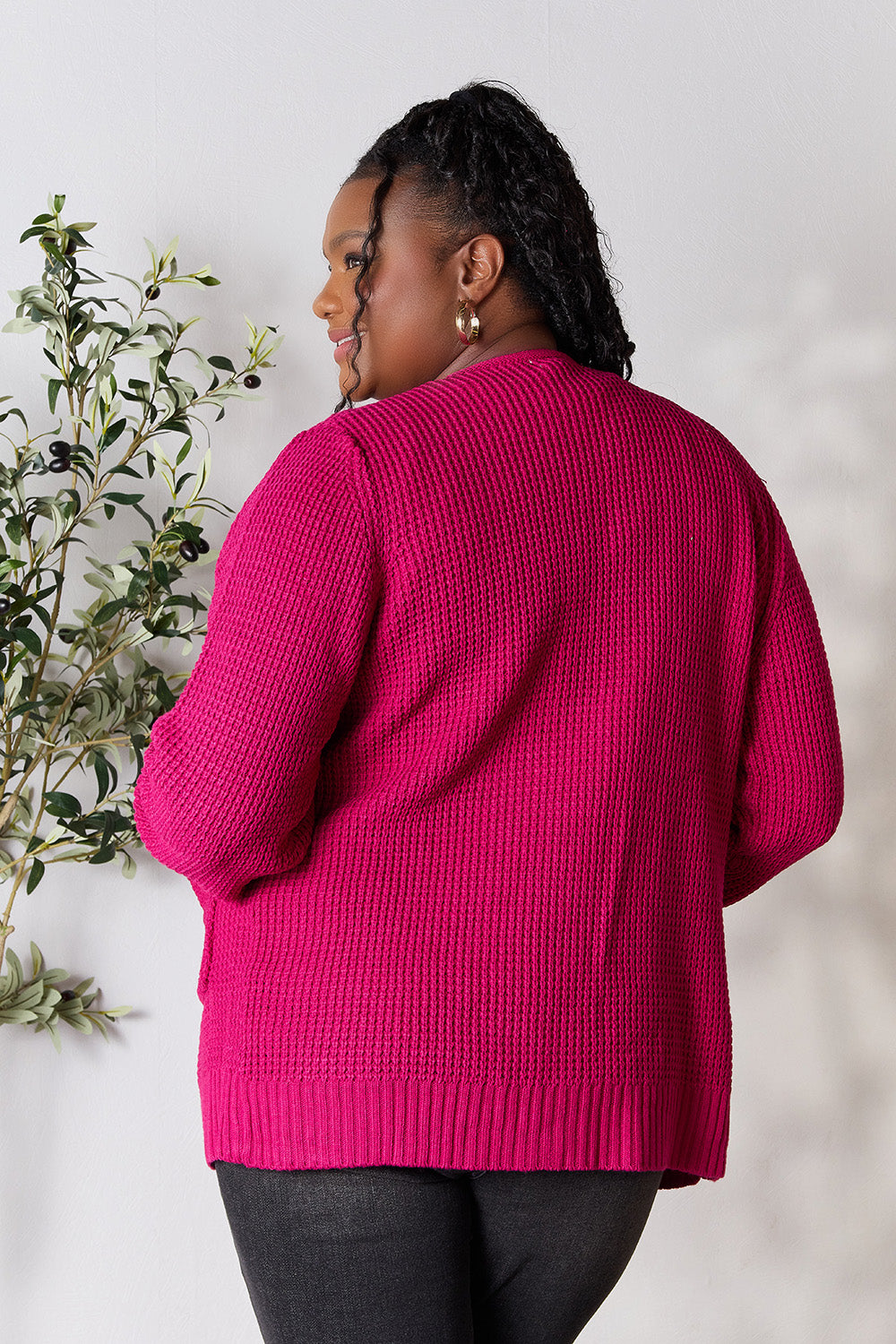 Magenta Waffle-Knit Open Front Cardigan - ThingsWeUseAndLove