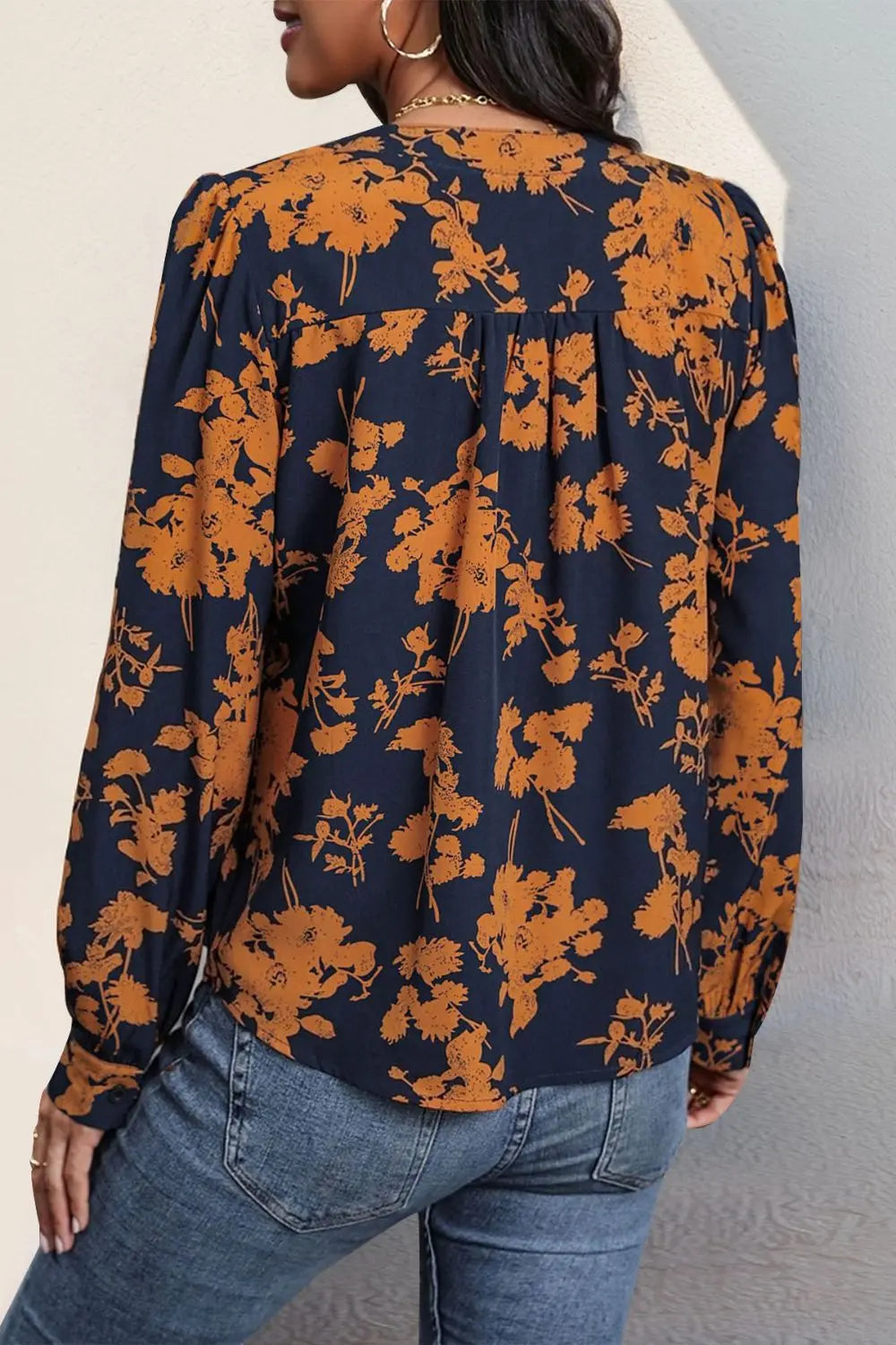 Love Printed Notched Long Sleeve Blouse - ThingsWeUseAndLove 