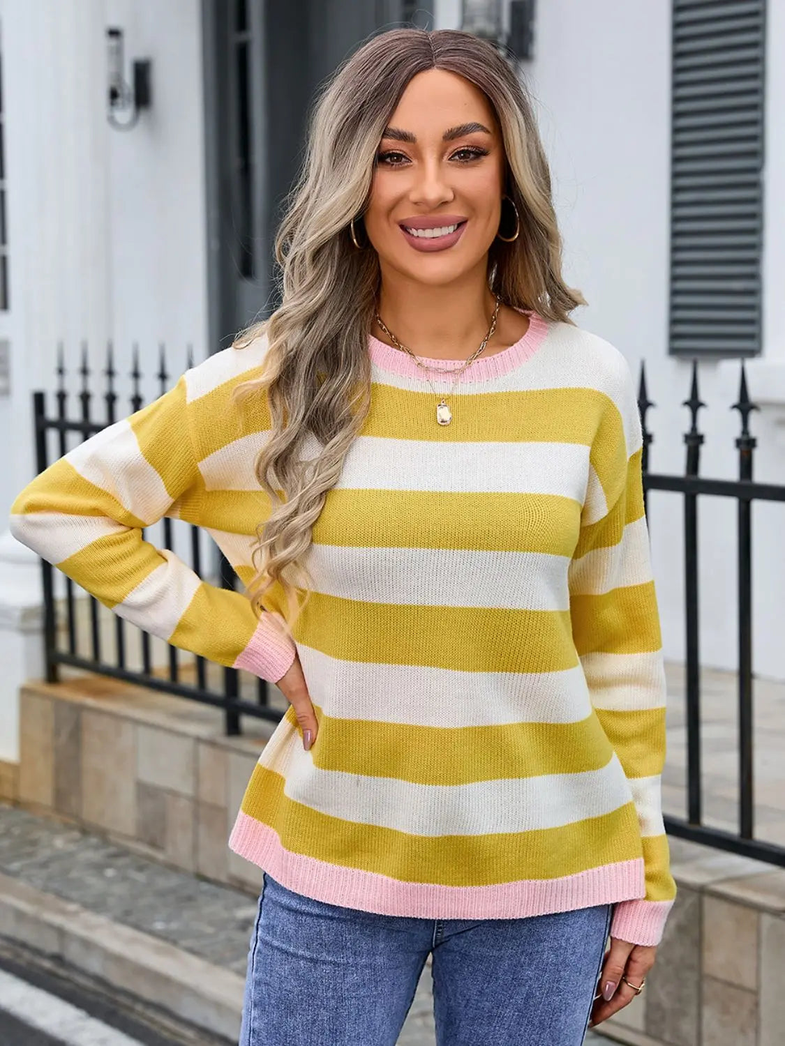 Dropped Shoulder Striped Round Neck Sweater - ThingsWeUseAndLove Mustard-XL