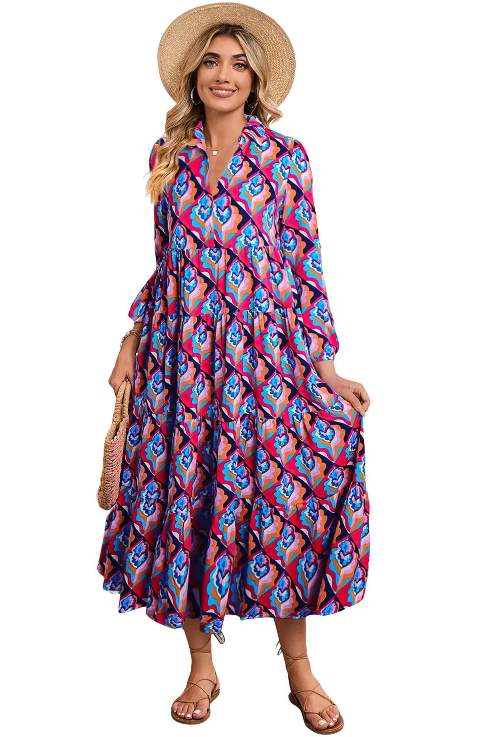 Notch Neck Tiered Multicolor Abstract Geometric Print Boho Dress - ThingsWeUseAndLove 