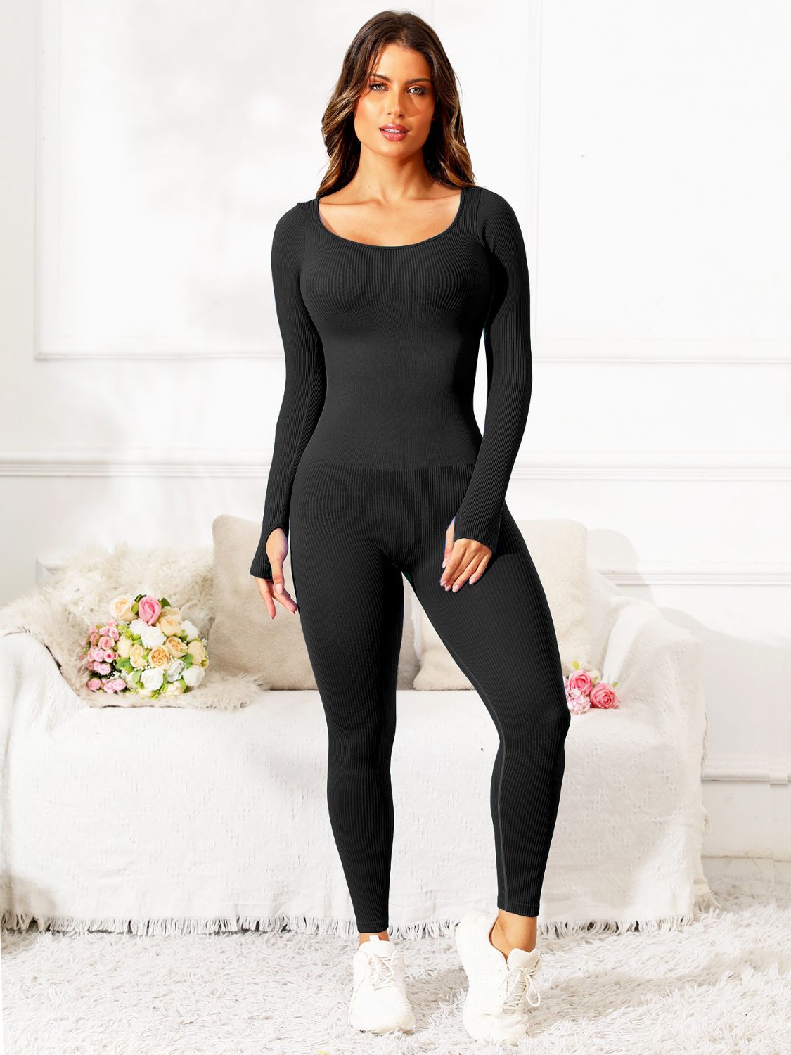 Fit & Fab Scoop Neck Long Sleeve Active Jumpsuit - ThingsWeUseAndLove Brown-L