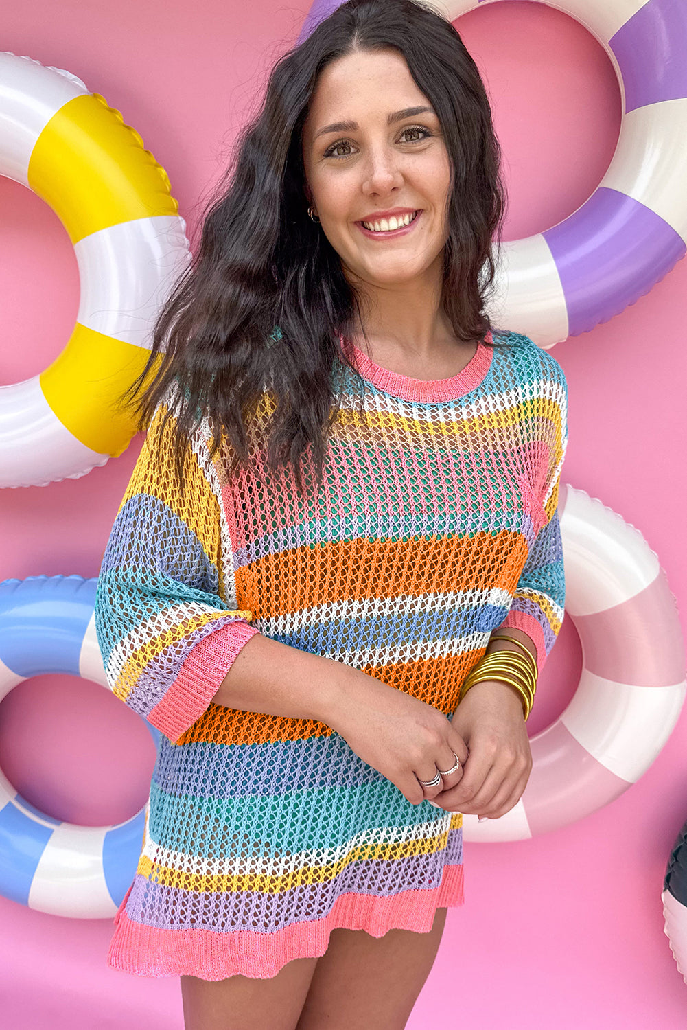 Striped Color Block Hollow Crochet 3/4 Sleeve T Shirt - ThingsWeUseAndLove 