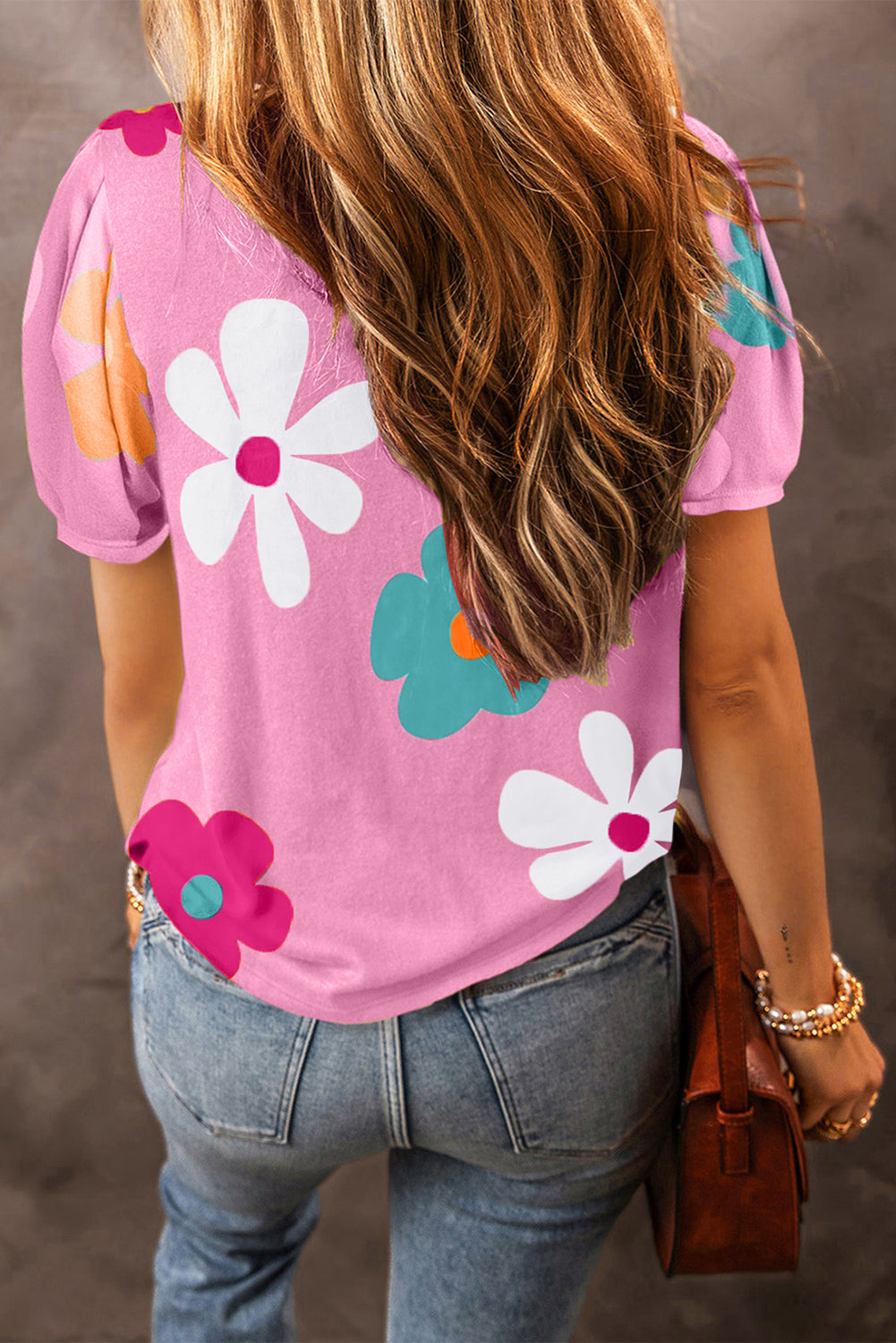 Sky Blue Flower Print Bubble Sleeve Tee - ThingsWeUseAndLove 