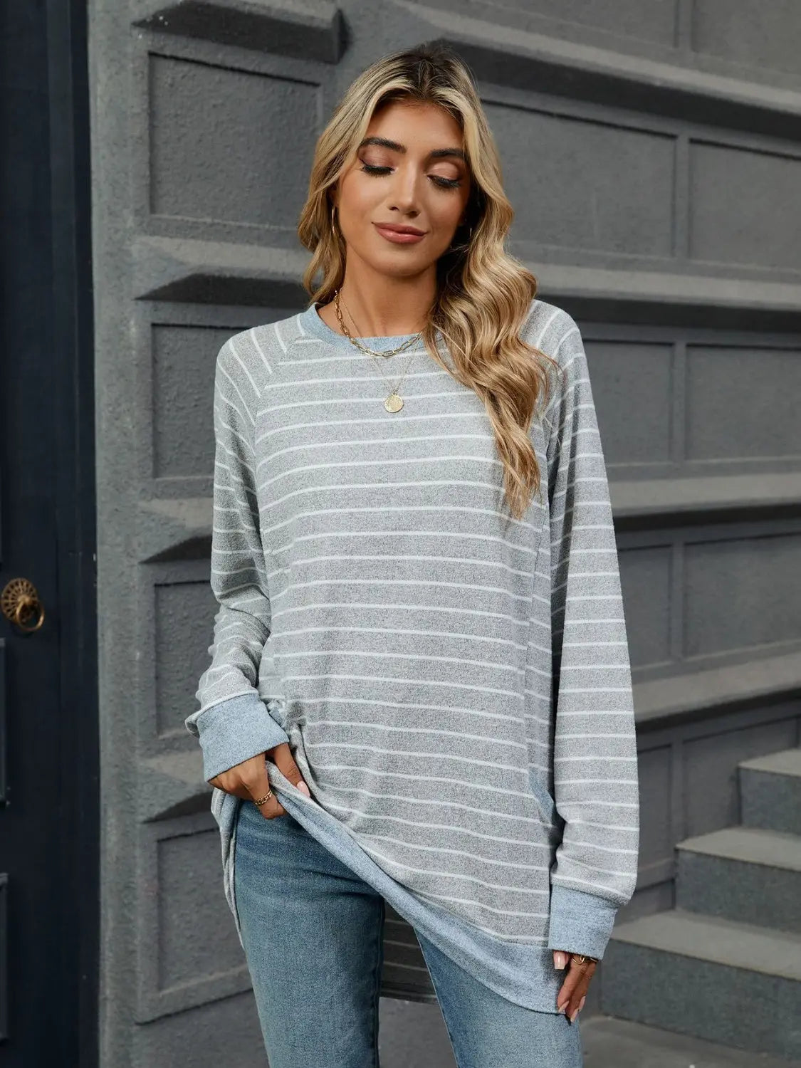 Round Neck Long Sleeve Pocketed Striped Sweater - ThingsWeUseAndLove 