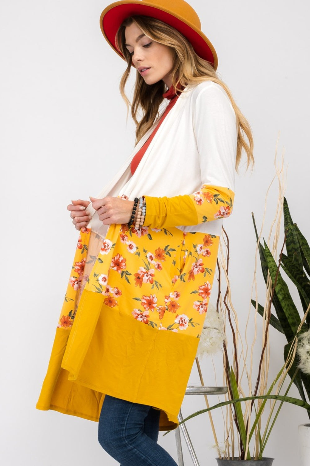 Floral Color Block Ivory/Mustard Open Front Cardigan - ThingsWeUseAndLove 