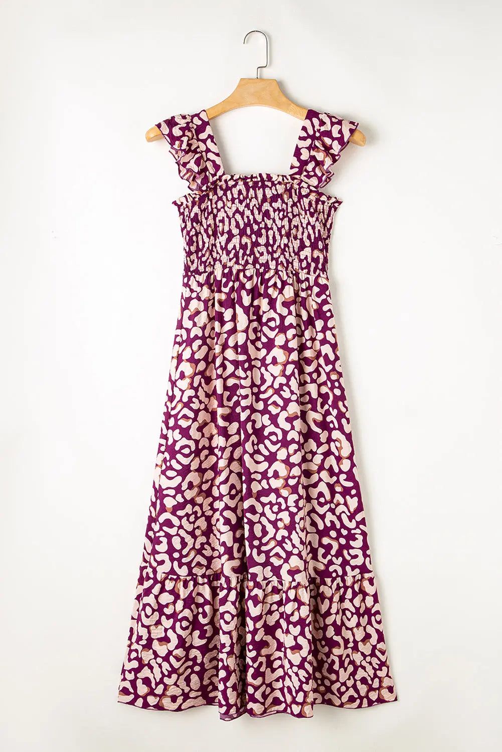 Rose Leopard Ruffle Straps Smocked High Waist Maxi Dress - ThingsWeUseAndLove 