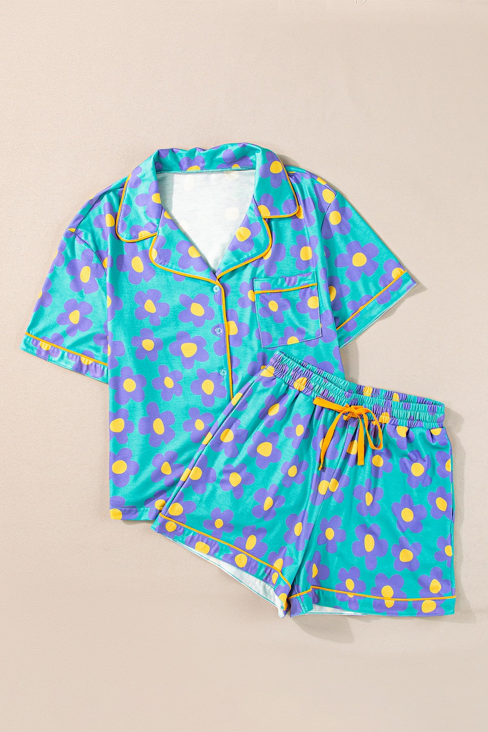 Pocketed Flower Half Sleeve Top and Shorts Lounge Set - ThingsWeUseAndLove Sky-Blue-XL
