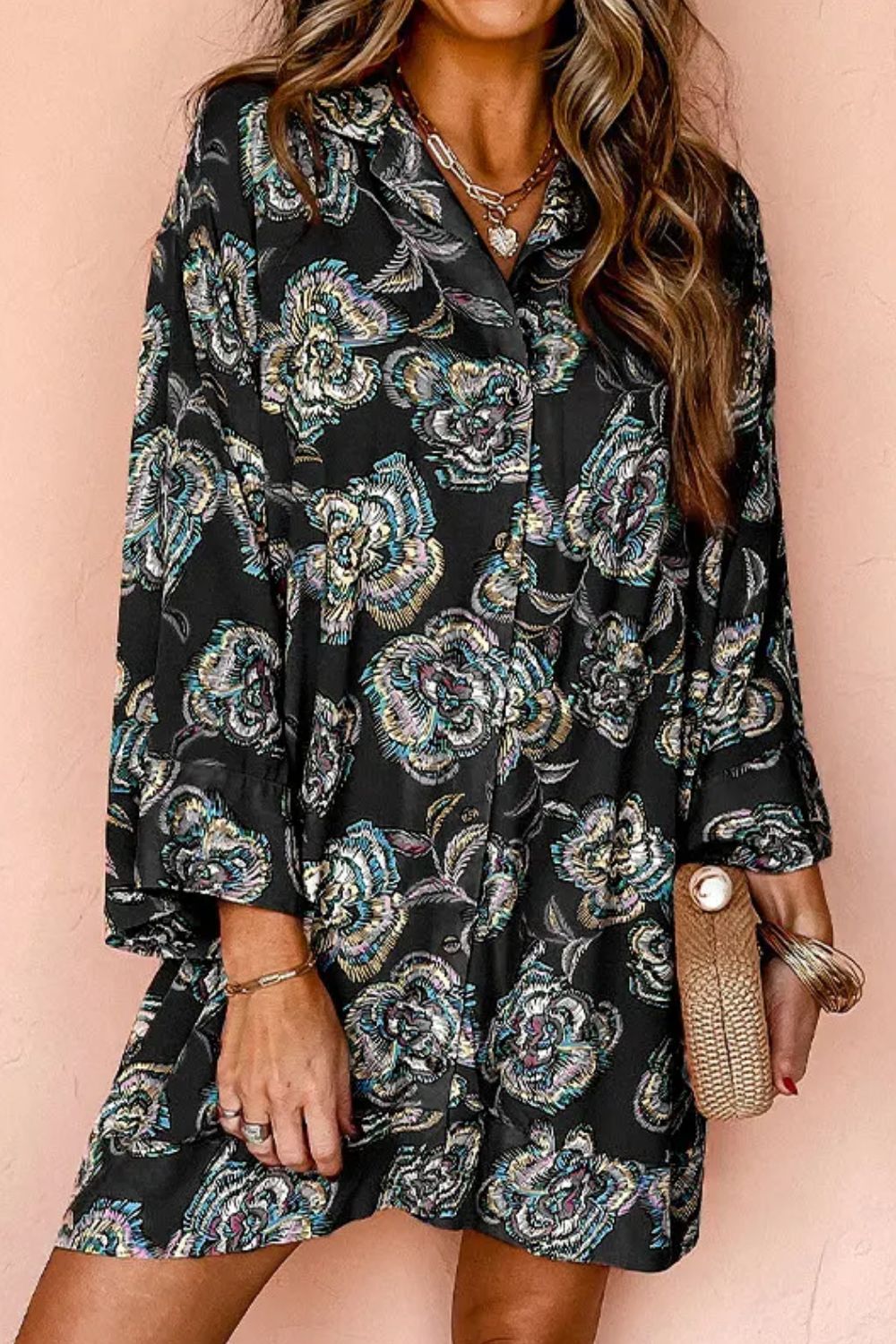 Orange Crush Floral Button Down Three-Quarter Sleeve Shirt Dress