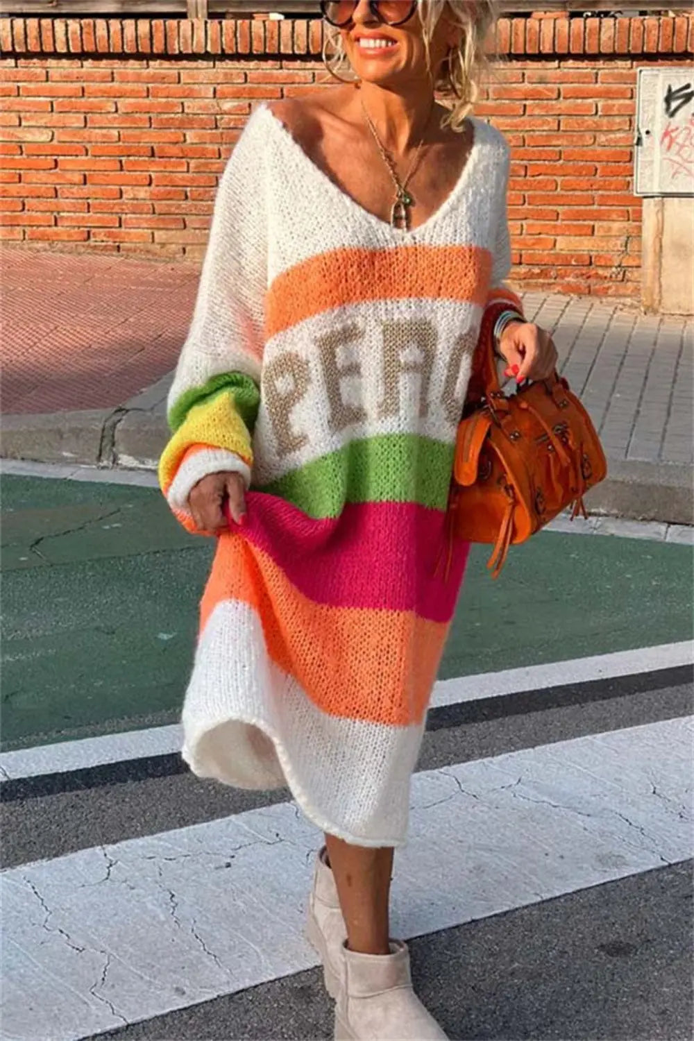 Martella Color Block V-Neck Long Sleeve Sweater Dress - ThingsWeUseAndLove 