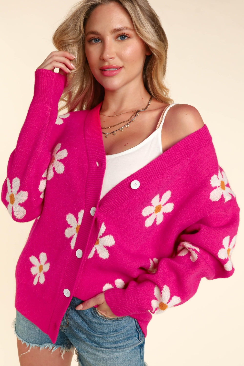 Daisy Long Sleeve Button Down Cardigan - ThingsWeUseAndLove Fuchsia-3XL