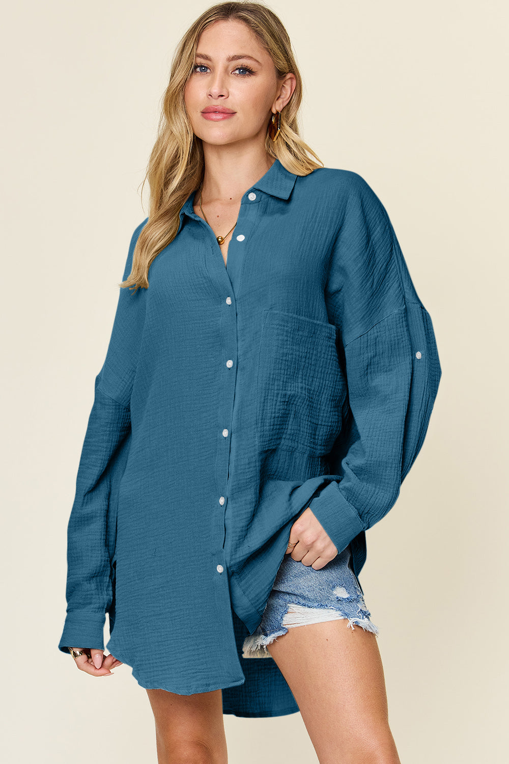 Simone Size Inclusive Pocketed Texture Button Up Shirt - ThingsWeUseAndLove 