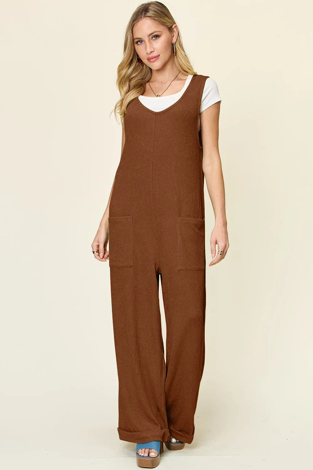 Size-Inclusive Texture Sleeveless Wide Leg Jumpsuit - ThingsWeUseAndLove Caramel-3XL