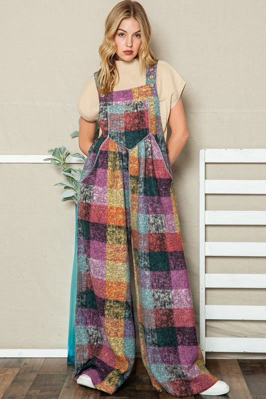 Multicolor Brushed Checked Pockets Pleated Wide Leg Overall - ThingsWeUseAndLove 