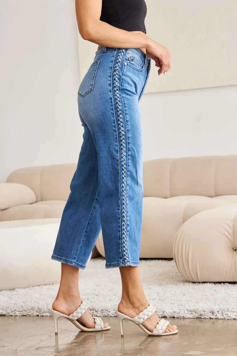 Idra Judy Blue Size Inclusive Braid Side Detail Wide Leg Jeans - ThingsWeUseAndLove 