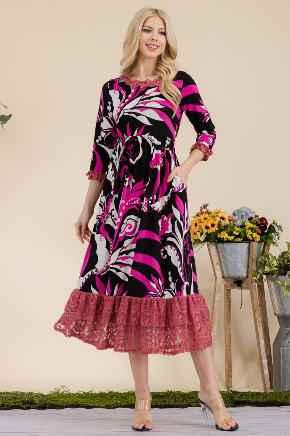 Paisley Print Lace Ruffled Midi Dress - ThingsWeUseAndLove Fuchsia-3XL