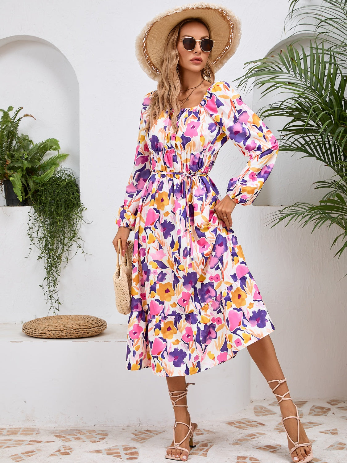 Edite Long Sleeve Printed  Midi Dress - ThingsWeUseAndLove 