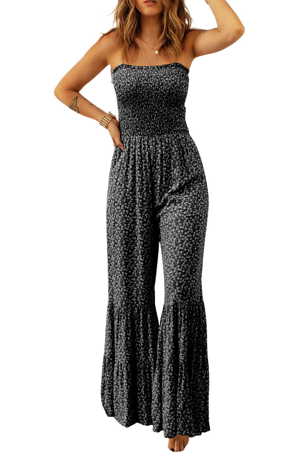 Floral Thin Straps Smocked Bodice Wide Leg Jumpsuit - ThingsWeUseAndLove 