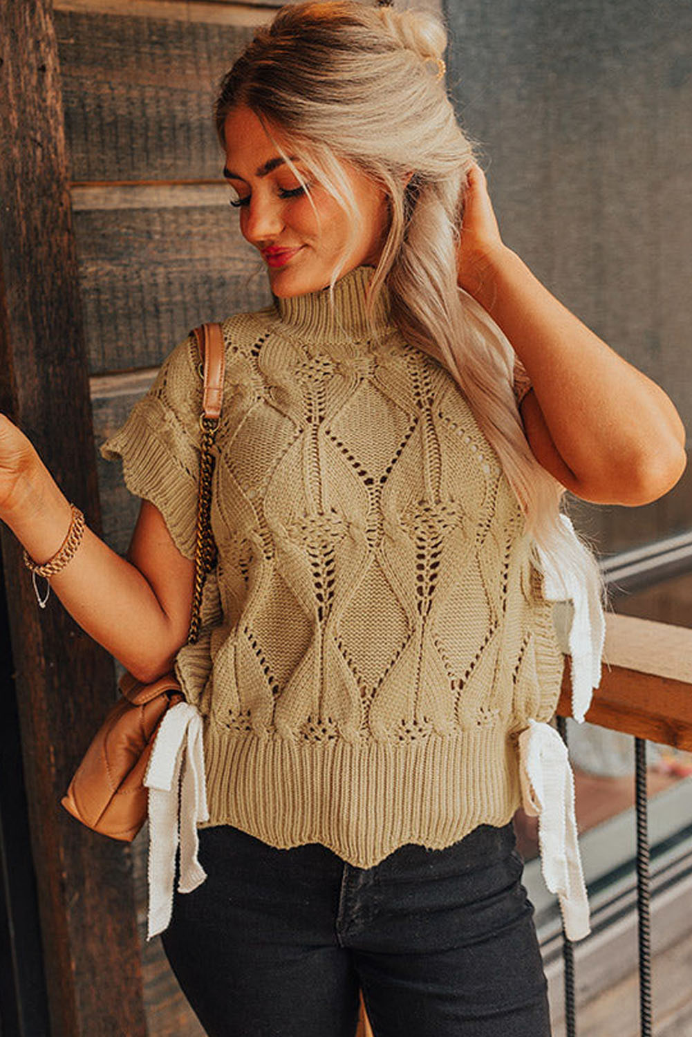 Hollowed Knit Scalloped Trim High Neck Sweater - ThingsWeUseAndLove 