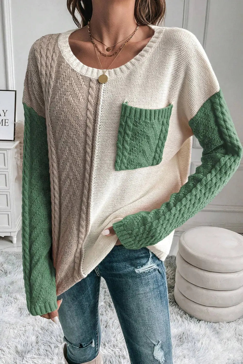 Round Neck Color Block Long Sleeve Sweater - ThingsWeUseAndLove 