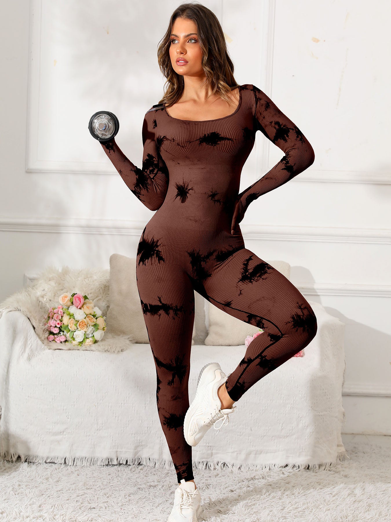 Fit & Fabulous Tie Dye Scoop Neck Long Sleeve Active Jumpsuit - ThingsWeUseAndLove Dark-Brown-L