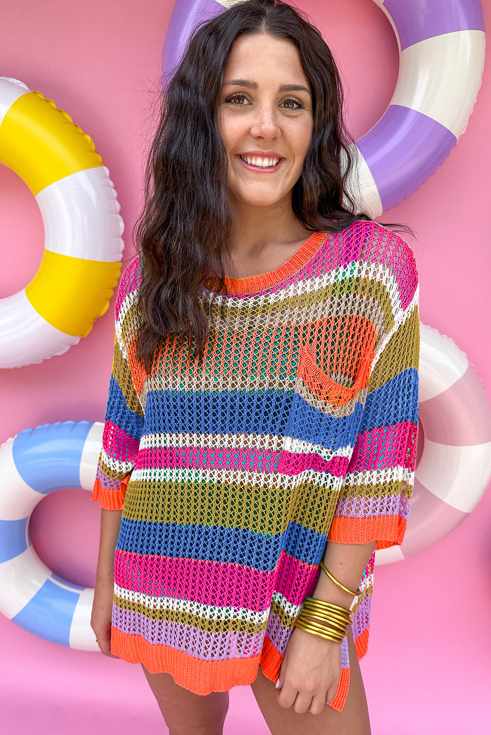 Striped Color Block Hollow Crochet 3/4 Sleeve T Shirt - ThingsWeUseAndLove 